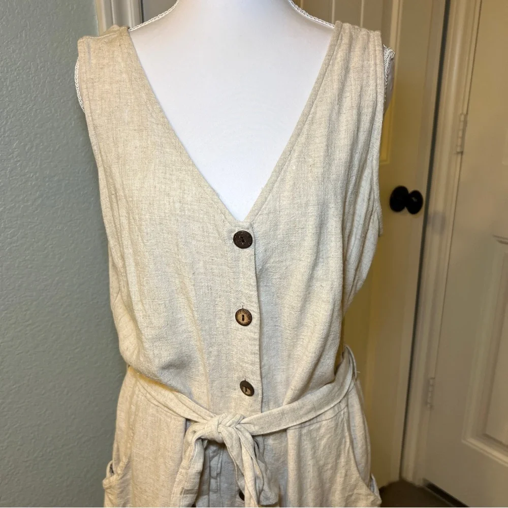 Women’s‎ Beige Linen Sleeveless Romper with Button Accents Tie Waist Size Large - Picture 5 of 14